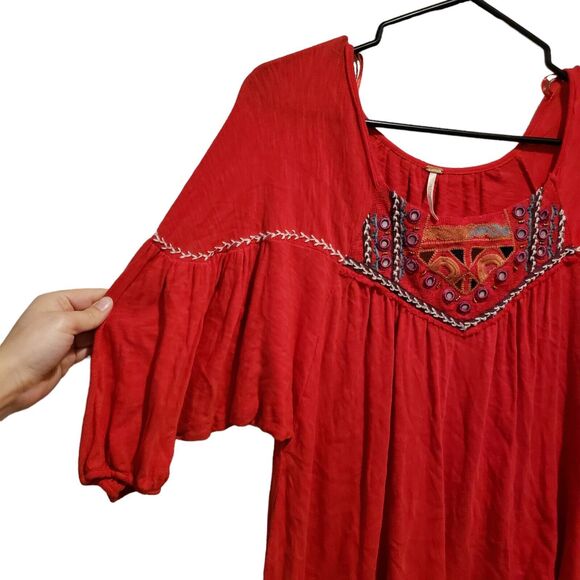 Free People Red Embroidered Boho Top Flowy Size XS - Picture 3 of 7